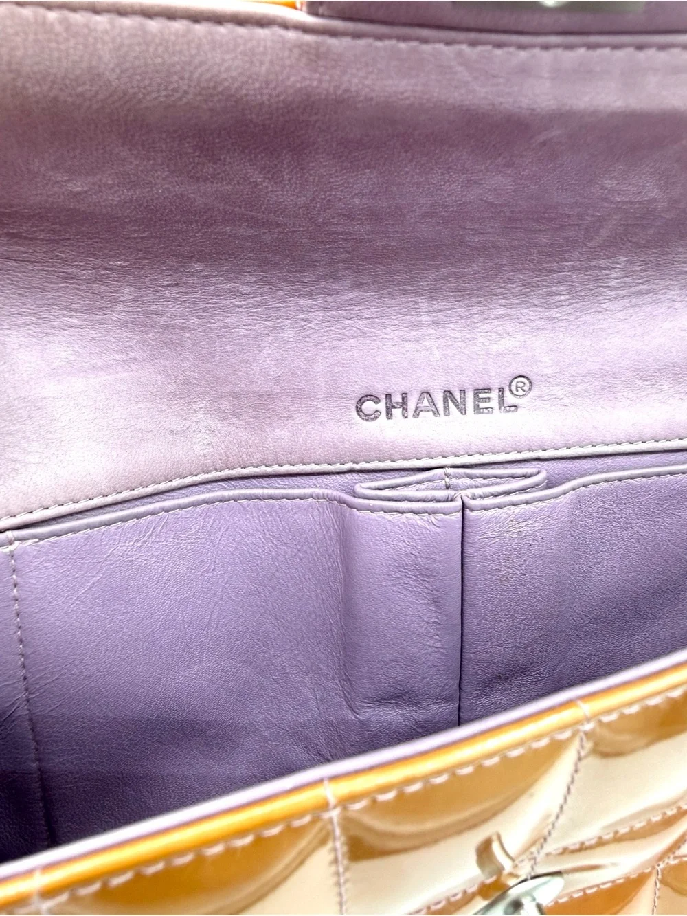 CHANEL Quilted Orange Patent Leather Chocolate Bar CC Flap Bag